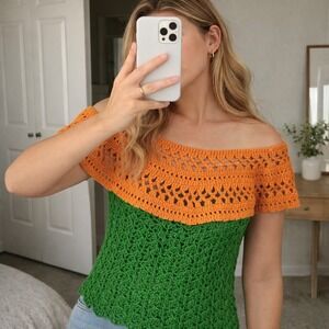 Open Knit Crochet Sweater Womens Small Green Orange Festival